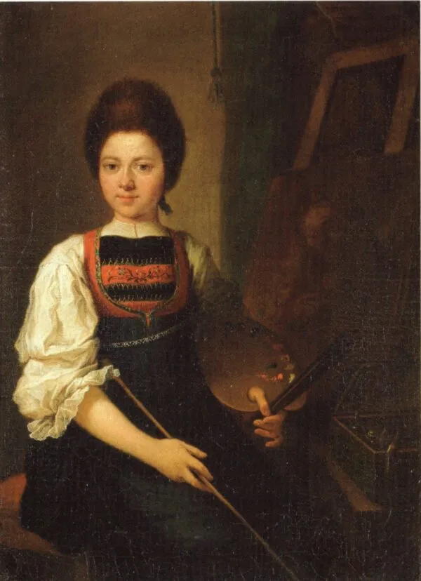 Self-Portrait in the Traditional Costume of the Bregenz Forest, Seated at her Easel (1763) by Angelica Kauffmann — original painting reproduced as a hand-painted oil on canvas