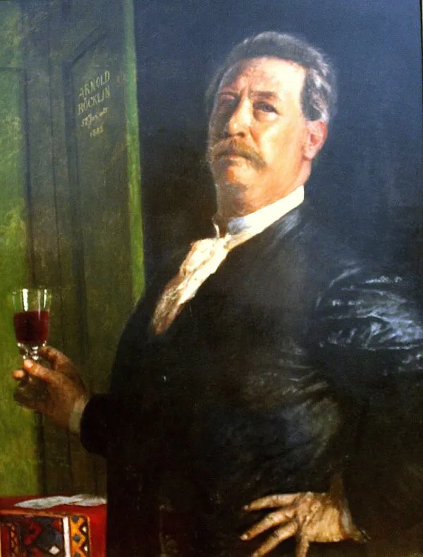 Self-portrait with a Wine Glass (1885) by Arnold Böcklin — original painting reproduced as a hand-painted oil on canvas