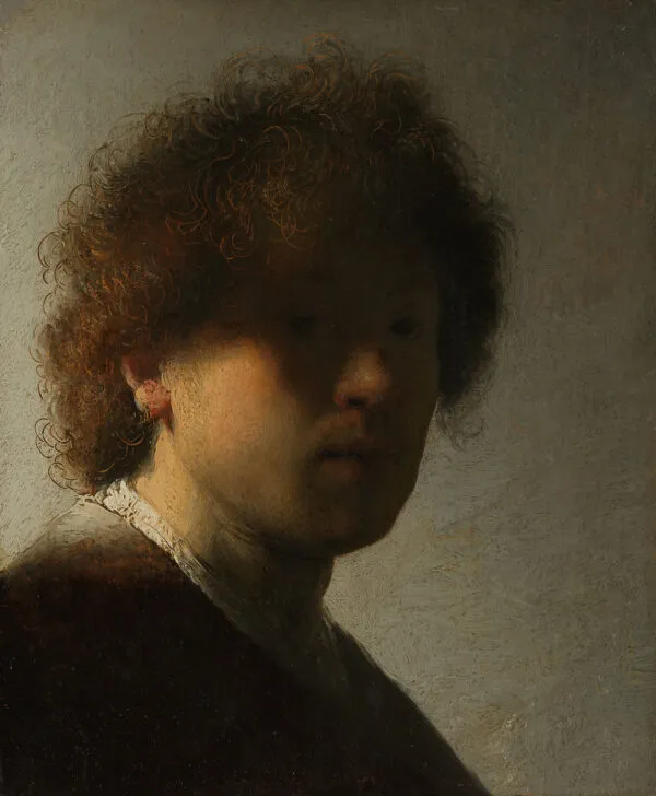 Self-portrait with dishevelled hair (1628) by Rembrandt — original painting reproduced as a hand-painted oil on canvas