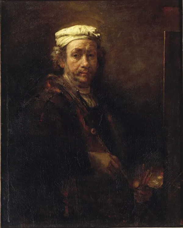 Self-portrait with easel (1660) by Rembrandt — original painting reproduced as a hand-painted oil on canvas