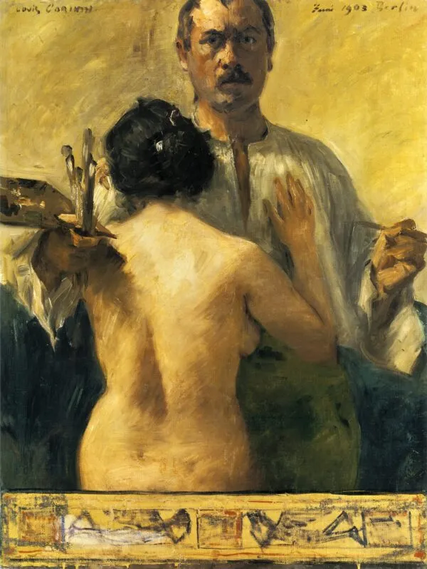 Self portrait with model (1903) by Lovis Corinth — original painting reproduced as a hand-painted oil on canvas