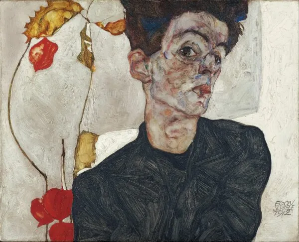 Self-Portrait with Physalis (1912) by Egon Schiele — original painting reproduced as a hand-painted oil on canvas