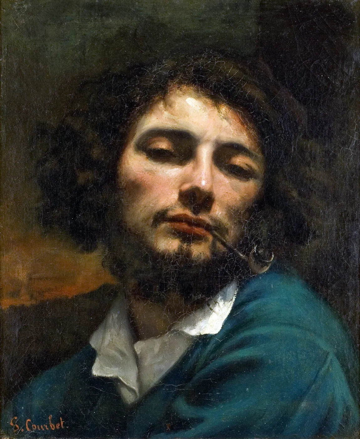 Self-Portrait with Pipe (1849) by Gustave Courbet — original painting reproduced as a hand-painted oil on canvas