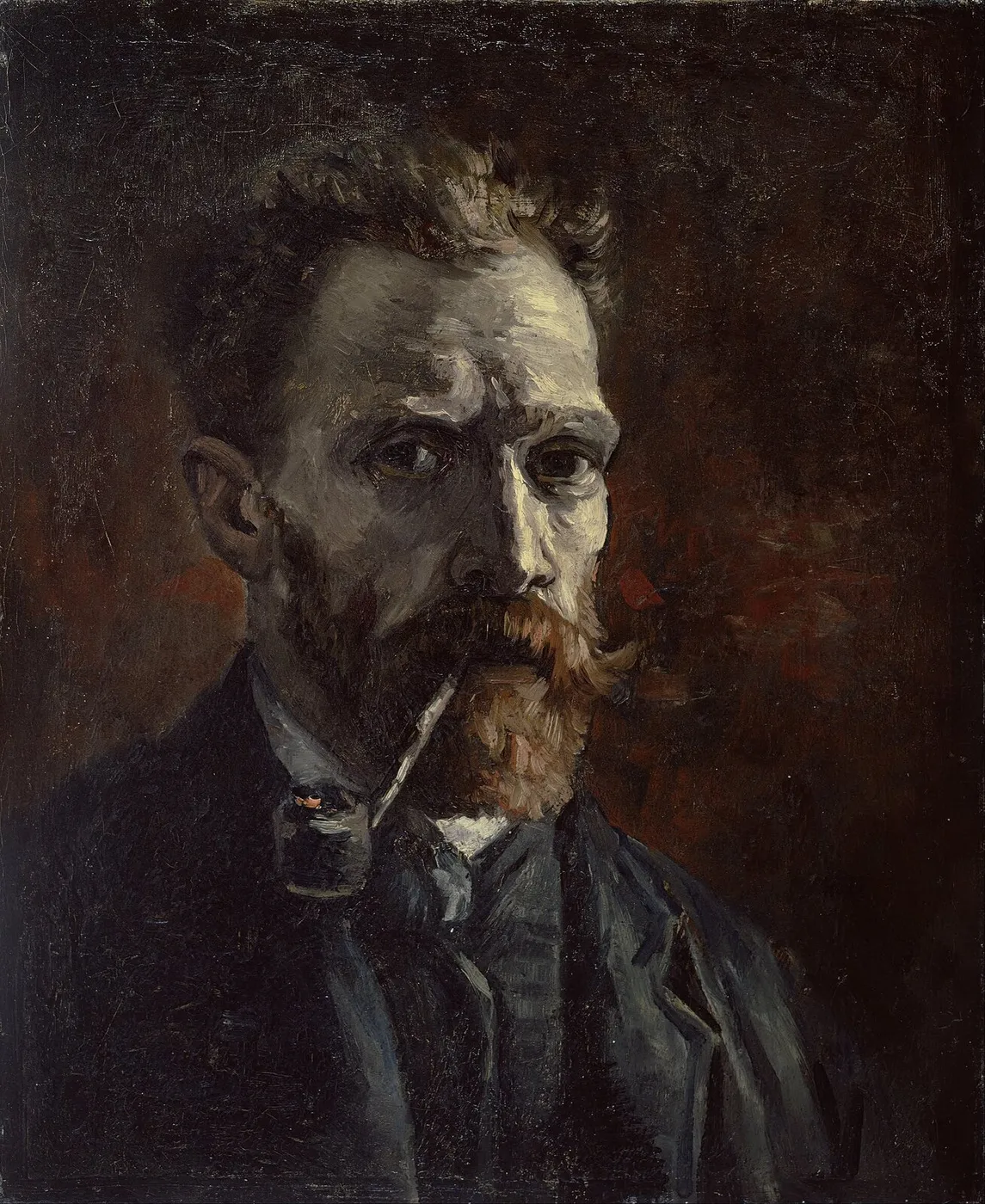 Self-Portrait with Pipe (1886) by Vincent van Gogh — original painting reproduced as a hand-painted oil on canvas