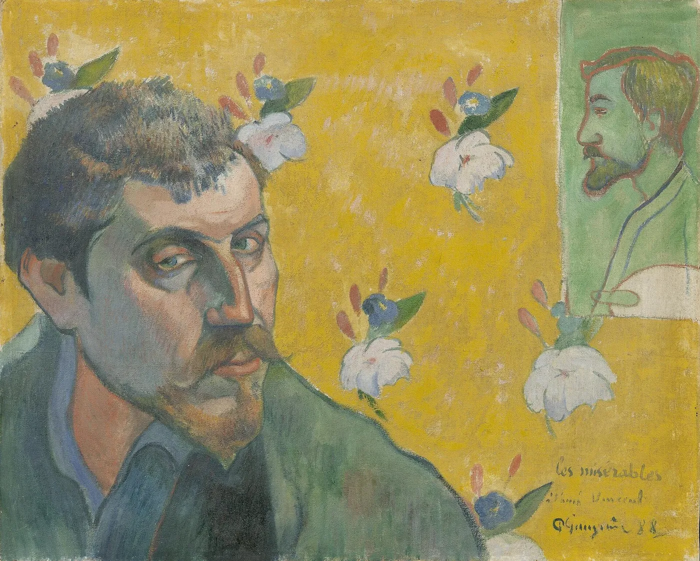 Self-portrait with Portrait of Bernard (1888) by Paul Gauguin — original painting reproduced as a hand-painted oil on canvas