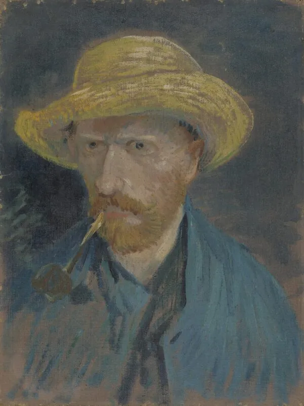 Self-Portrait with Straw Hat and Pipe (1887) by Vincent van Gogh — original painting reproduced as a hand-painted oil on canvas