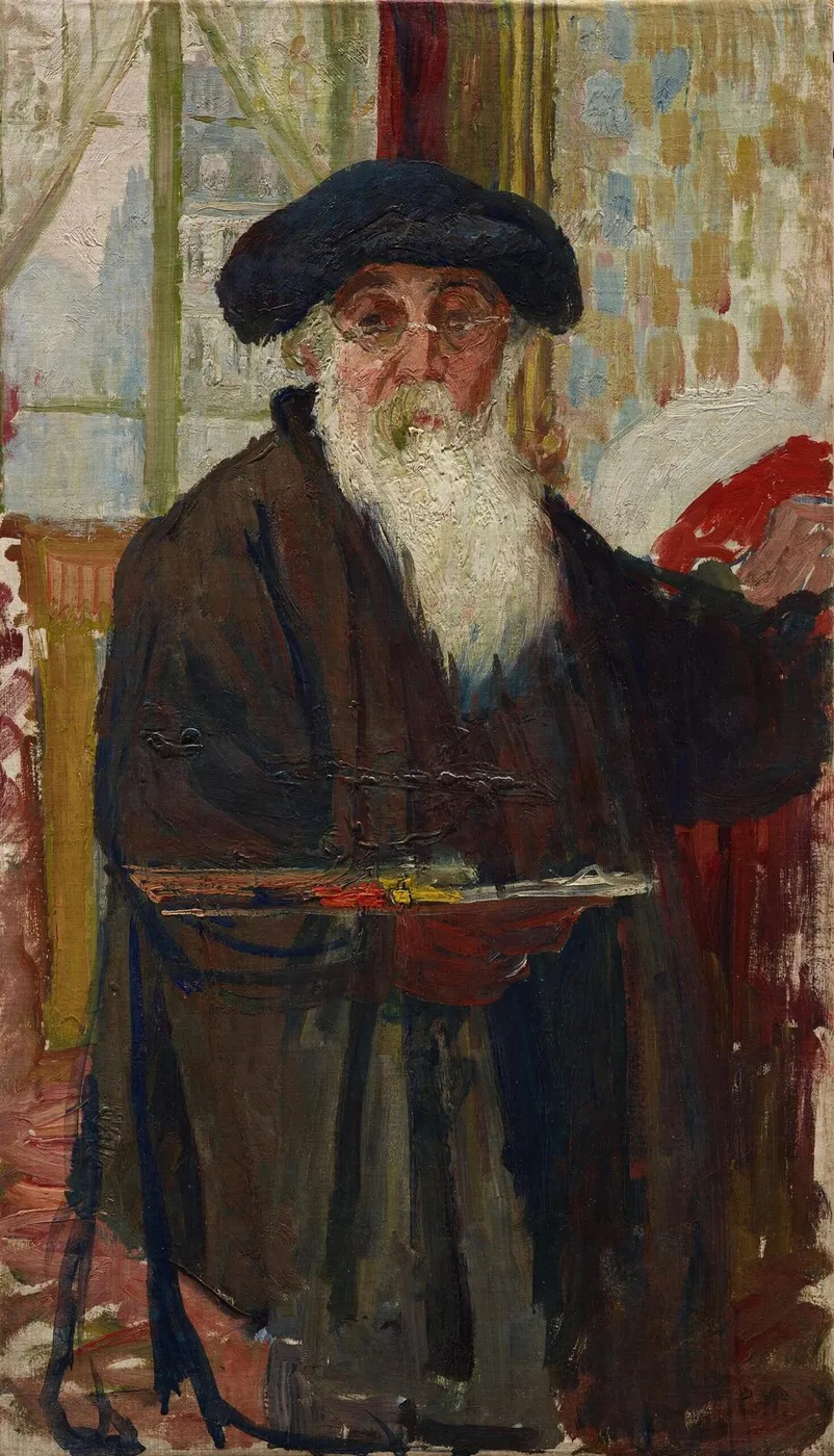 Self_Portrait with Palette (1896) by Camille Pissarro — original painting reproduced as a hand-painted oil on canvas