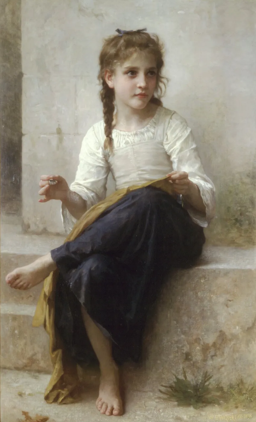 Sewing (1898) by William-Adolphe Bouguereau — original painting reproduced as a hand-painted oil on canvas
