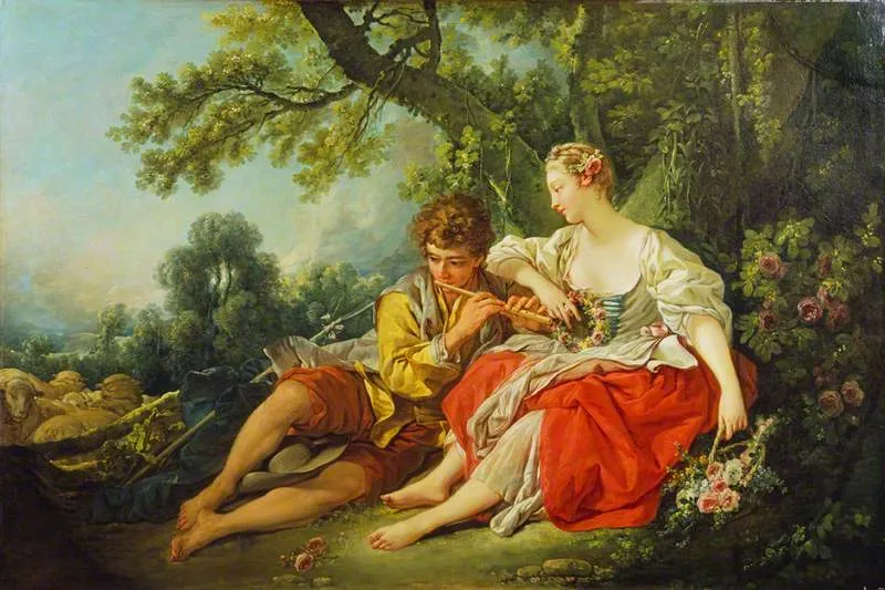 Shepherd Piping to a Shepherdess (1749) by François Boucher — original painting reproduced as a hand-painted oil on canvas