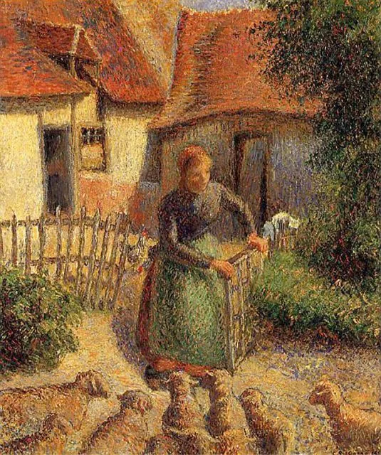 Shepherdess bringing sheep in (1886) by Camille Pissarro — original painting reproduced as a hand-painted oil on canvas