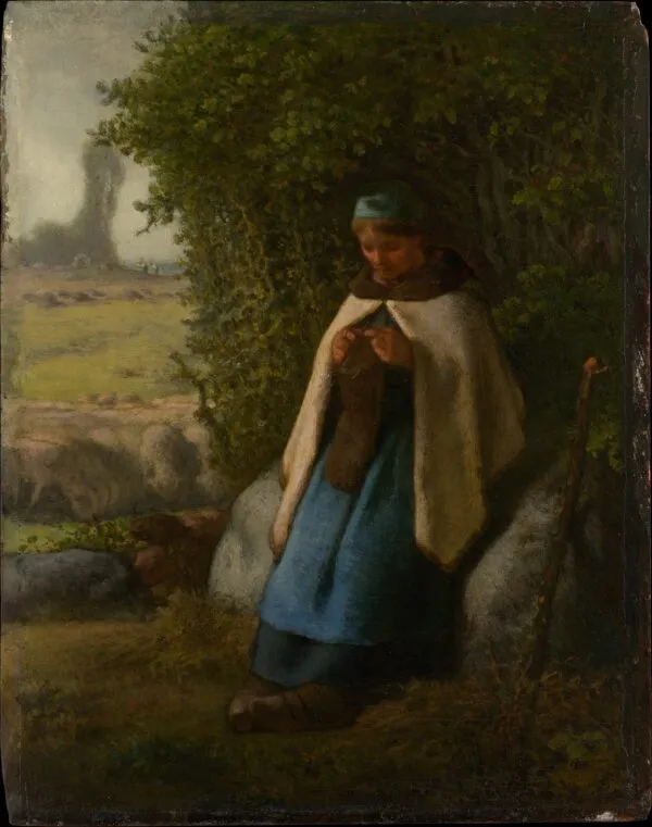 Shepherdess Seated on a Rock (1856) by Jean-François Millet — original painting reproduced as a hand-painted oil on canvas