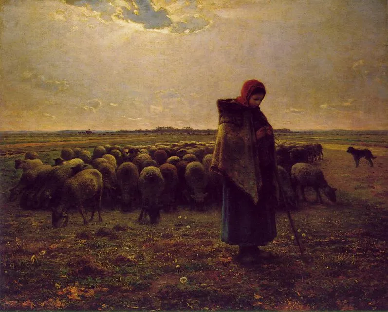 Shepherdess with her Flock (1863) by Jean-François Millet — original painting reproduced as a hand-painted oil on canvas