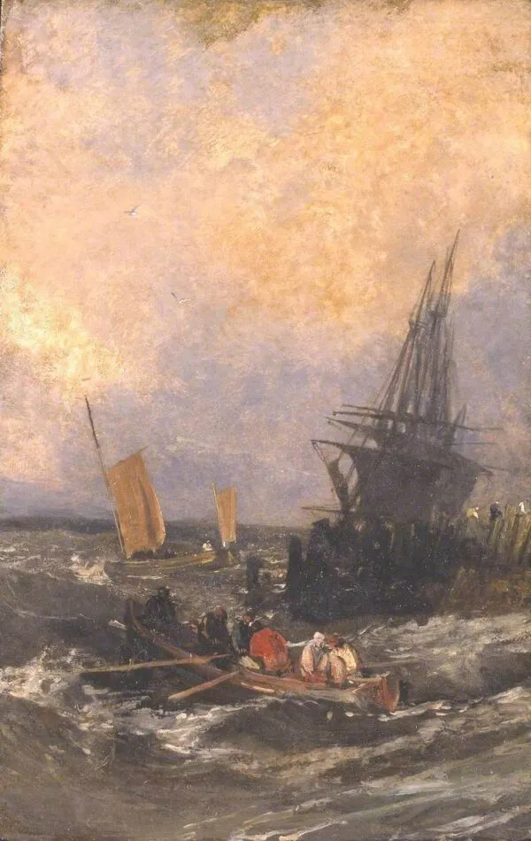 Shipping by a Breakwater (1798) by J. M. W. Turner — original painting reproduced as a hand-painted oil on canvas