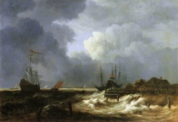 Ships in stormy weather off the coast (1650) by Jacob van Ruisdael — original painting reproduced as a hand-painted oil on canvas