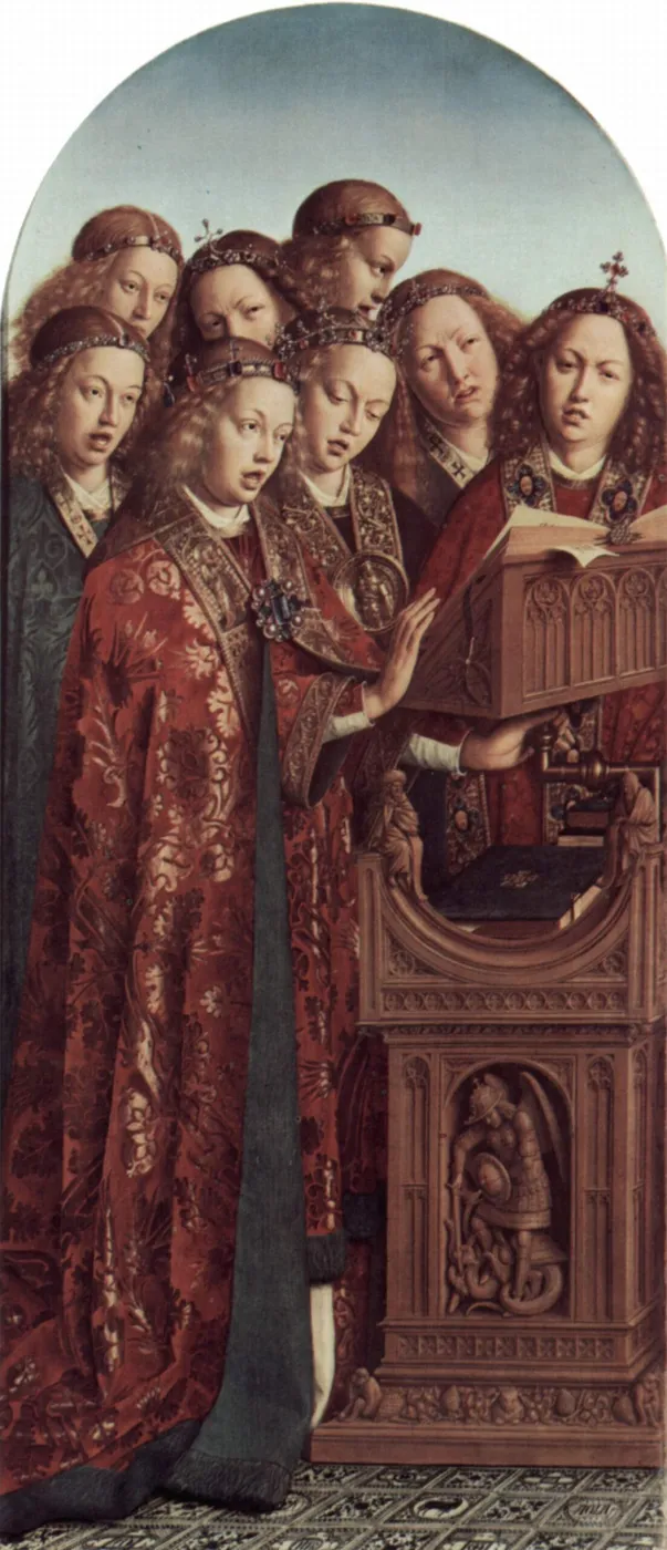 Singing Angels (1432) by Jan van Eyck — original painting reproduced as a hand-painted oil on canvas