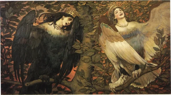 Sirin and Alkonost (1896) by Viktor Vasnetsov — original painting reproduced as a hand-painted oil on canvas