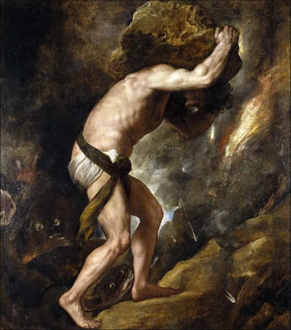 Sisyphus (1548) by Titian — original painting reproduced as a hand-painted oil on canvas