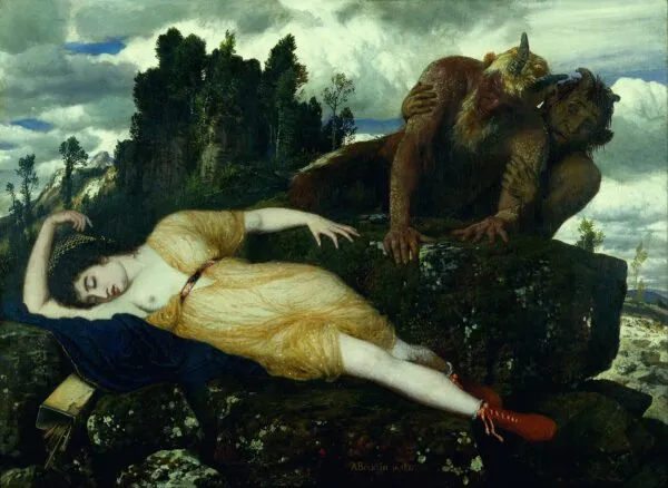 Sleeping Diana Watched by Two Fauns (1877) by Arnold Böcklin — original painting reproduced as a hand-painted oil on canvas