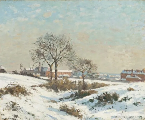 Snowy Landscape at South Norwood (1871) by Camille Pissarro — original painting reproduced as a hand-painted oil on canvas