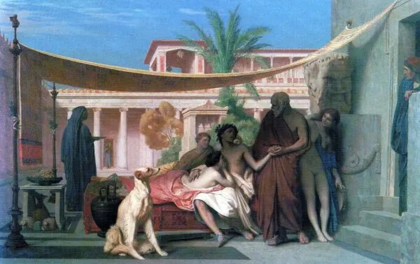Socrates seeking Alcibiades in the house of Aspasia (1861) by Jean-Léon Gérôme — original painting reproduced as a hand-painted oil on canvas