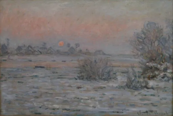 Soleil d'hiver à Lavacourt (1879) by Claude Monet — original painting reproduced as a hand-painted oil on canvas