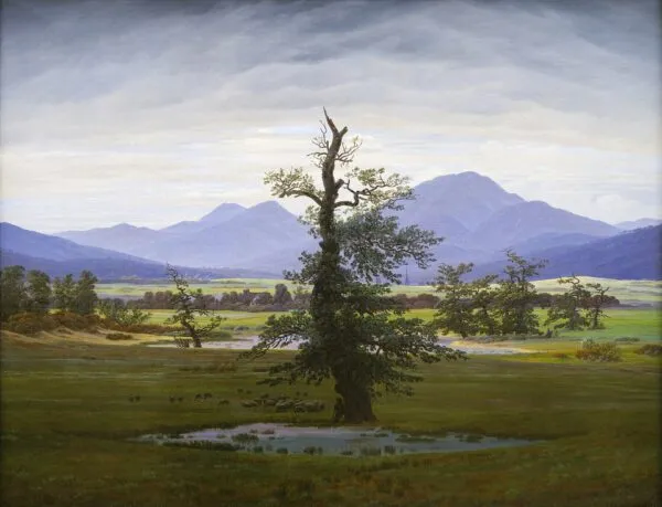 Solitary Tree (1822) by Caspar David Friedrich — original painting reproduced as a hand-painted oil on canvas