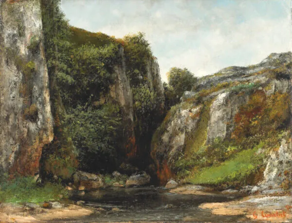 Source of a Mountain Stream (1876) by Gustave Courbet — original painting reproduced as a hand-painted oil on canvas