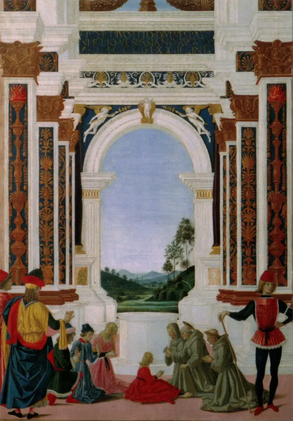 St. Bernardino Cures the Daughter of Giovannantonio Petrazio da Rieti (1473) by Pietro Perugino — original painting reproduced as a hand-painted oil on canvas