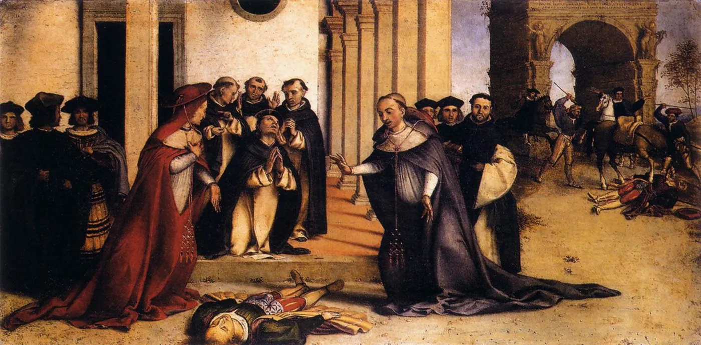 St Dominic Raises Napoleone Orsini (1513) by Lorenzo Lotto — original painting reproduced as a hand-painted oil on canvas