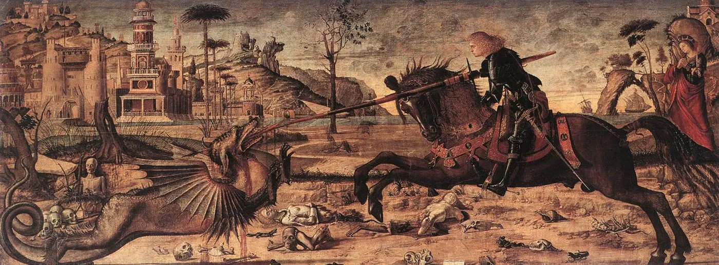 St. George and the Dragon (1502) by Vittore Carpaccio — original painting reproduced as a hand-painted oil on canvas