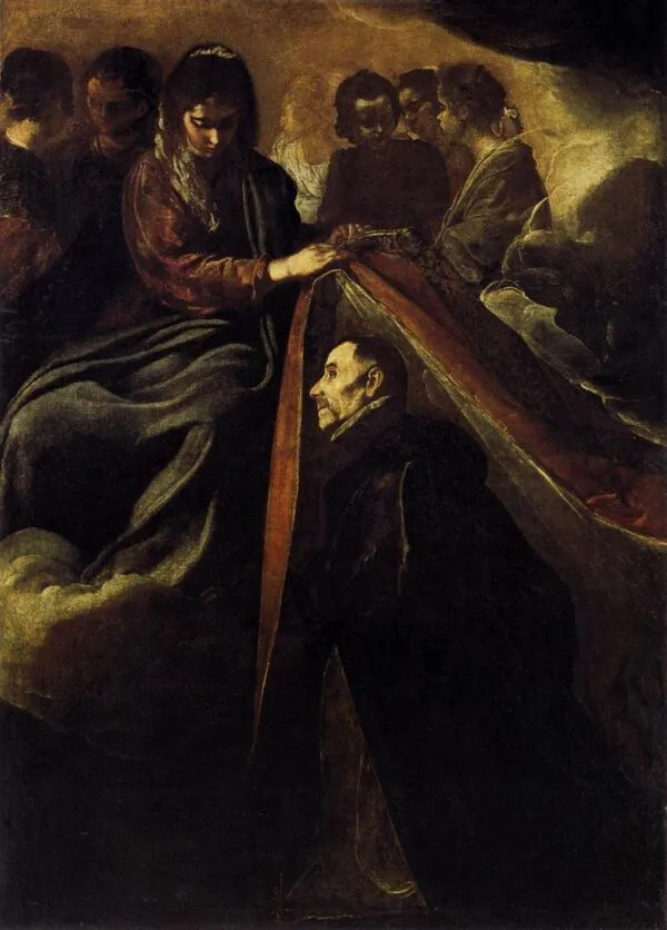 St. Ildefonso Receiving the Chasuble from the Virgin (1623) by Diego Velázquez — original painting reproduced as a hand-painted oil on canvas