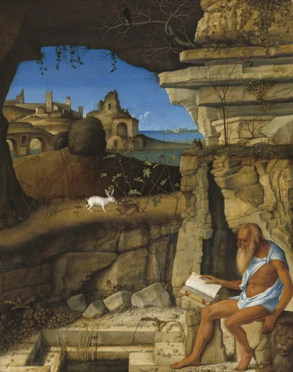 St Jerome Reading in the Countryside (1505) by Giovanni Bellini — original painting reproduced as a hand-painted oil on canvas
