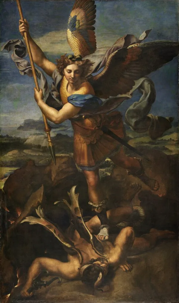 St. Michael Vanquishing Satan (1518) by Raphael — original painting reproduced as a hand-painted oil on canvas