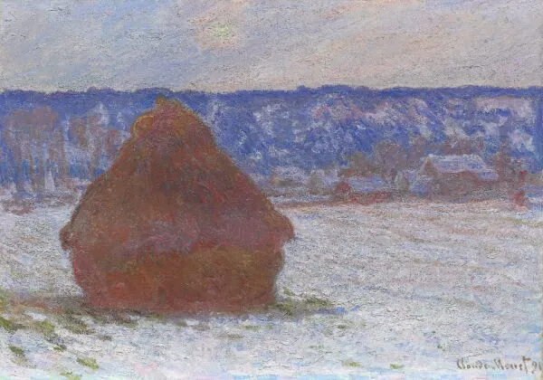 Stack of Wheat (Snow Effect, Overcast Day) (1890) by Claude Monet — original painting reproduced as a hand-painted oil on canvas