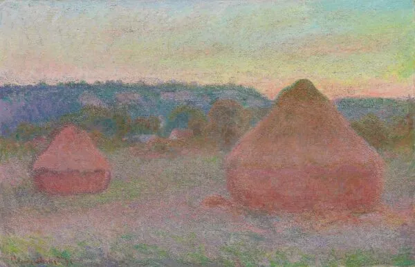 Stacks of Wheat (End of Day, Autumn) (1890) by Claude Monet — original painting reproduced as a hand-painted oil on canvas