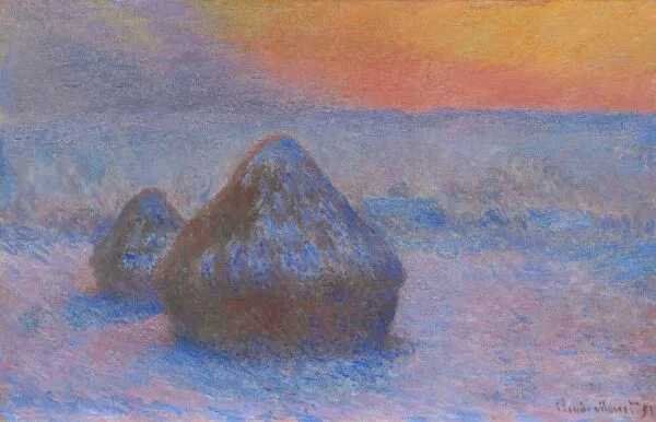 Stacks of Wheat (Sunset, Snow Effect) (1890) by Claude Monet — original painting reproduced as a hand-painted oil on canvas