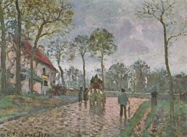 Stagecoach to Louveciennes (1870) by Camille Pissarro — original painting reproduced as a hand-painted oil on canvas