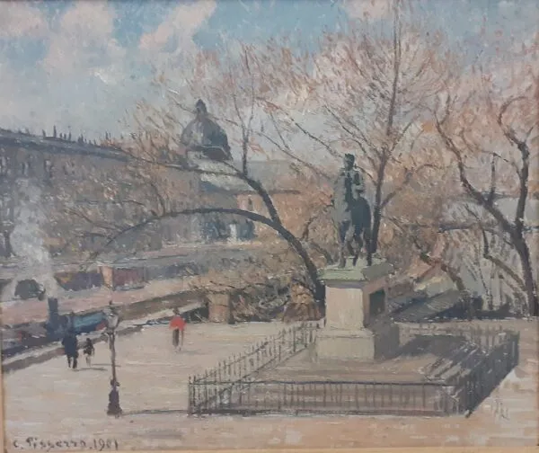 Statue d’Henry IV et hôtel de la Monnaie, matin, soleil (1901) by Camille Pissarro — original painting reproduced as a hand-painted oil on canvas