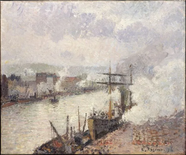 Steamboats in the Port of Rouen (1896) by Camille Pissarro — original painting reproduced as a hand-painted oil on canvas