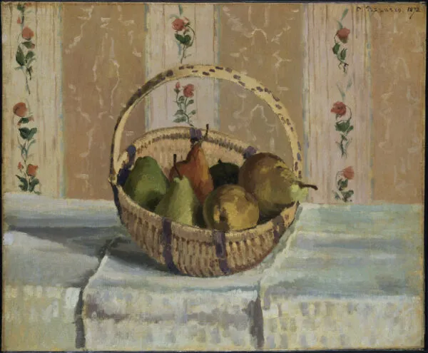 Still Life: Apples and Pears in a Round Basket (1872) by Camille Pissarro — original painting reproduced as a hand-painted oil on canvas