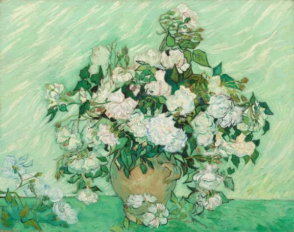 Still Life: Vase with Pink Roses (1890) by Vincent van Gogh — original painting reproduced as a hand-painted oil on canvas