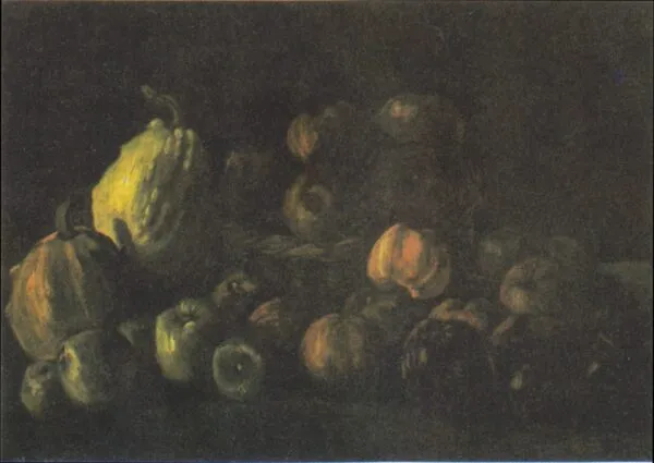 Still Life with a Basket of Apples and Two Pumpkins (1885) by Vincent van Gogh — original painting reproduced as a hand-painted oil on canvas
