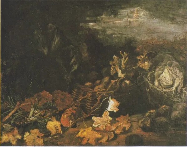 Still Life with a Basket of Potatoes, Surrounded by Autumn Leaves and Vegetables (1885) by Vincent van Gogh — original painting reproduced as a hand-painted oil on canvas