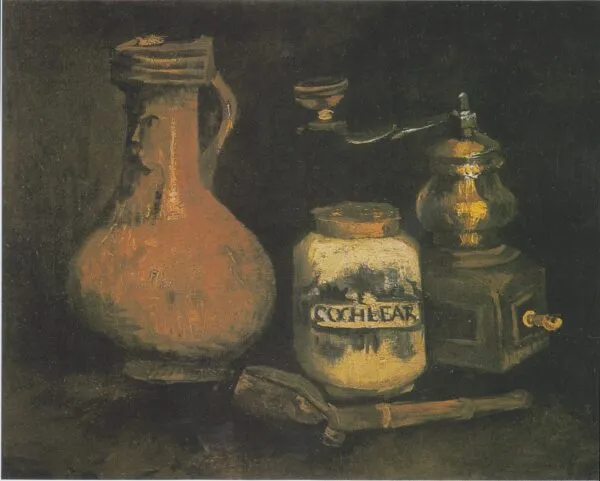 Still life with a Bearded-Man Jar (1884) by Vincent van Gogh — original painting reproduced as a hand-painted oil on canvas