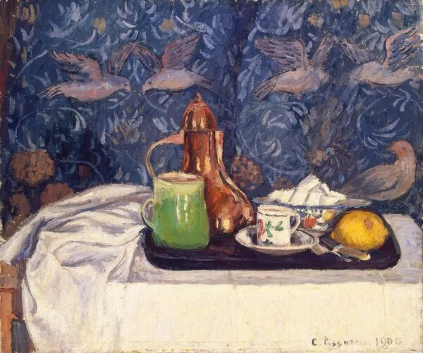 Still Life with a Coffeepot (1900) by Camille Pissarro — original painting reproduced as a hand-painted oil on canvas