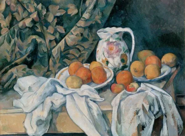 Still Life with a Curtain (1898) by Paul Cézanne — original painting reproduced as a hand-painted oil on canvas