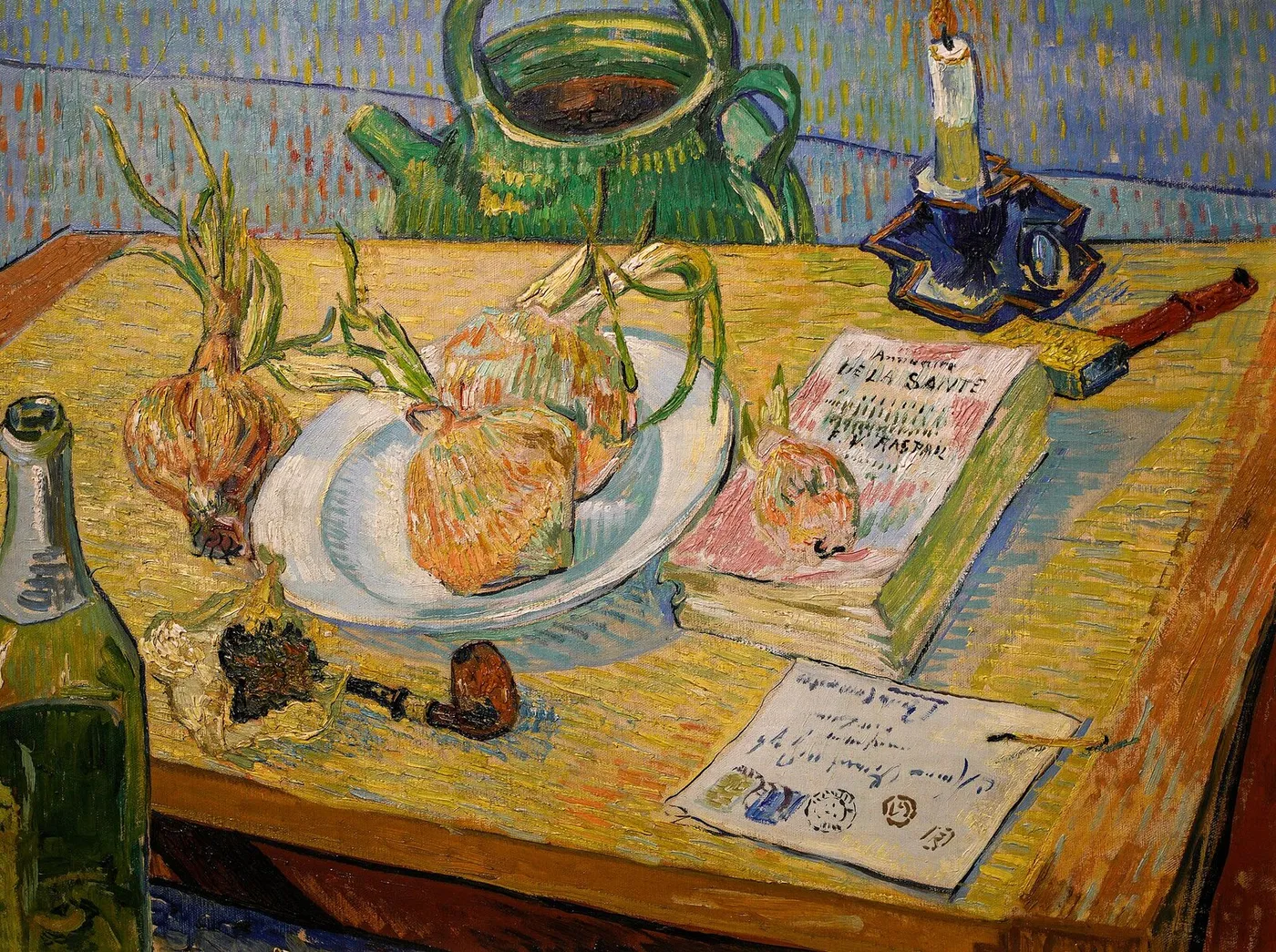 Still life with a plate of onions (1889) by Vincent van Gogh — original painting reproduced as a hand-painted oil on canvas