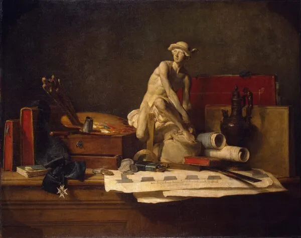Still Life with Attributes of the Arts (1766) by Jean-Baptiste-Siméon Chardin — original painting reproduced as a hand-painted oil on canvas