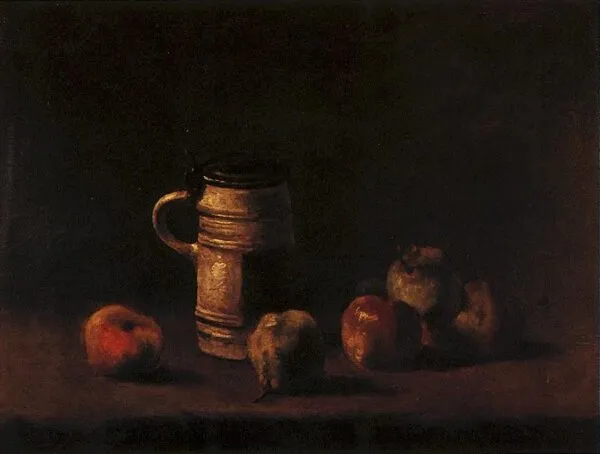 Still Life with Beer Mug and Fruit (1881) by Vincent van Gogh — original painting reproduced as a hand-painted oil on canvas