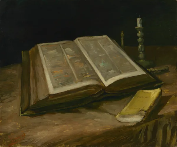 Still Life with Bible (1885) by Vincent van Gogh — original painting reproduced as a hand-painted oil on canvas